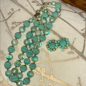 Vintage Turquoise Beaded Necklace and Earring Set
